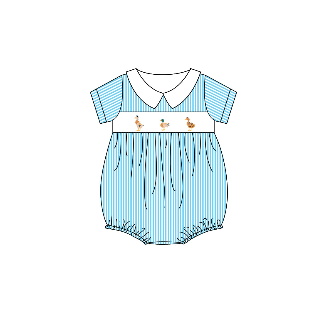 Baby Infant Girls Blue Stripe Short Sleeves Ducks Ruffle Rompers Preorder