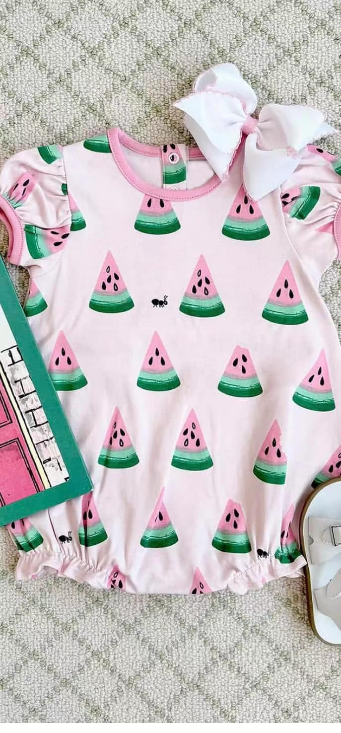 Preorder moq 5 Baby Infant Girls Pink Watermelons Ruffle Rompers