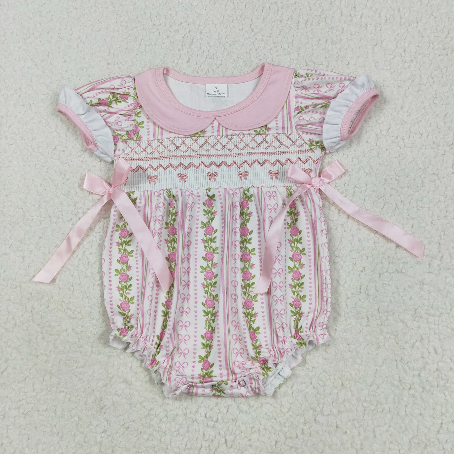 USA Shop Baby Girls Short Sleeve Smocked Bows Flowers Stripe Ruffle Rompers