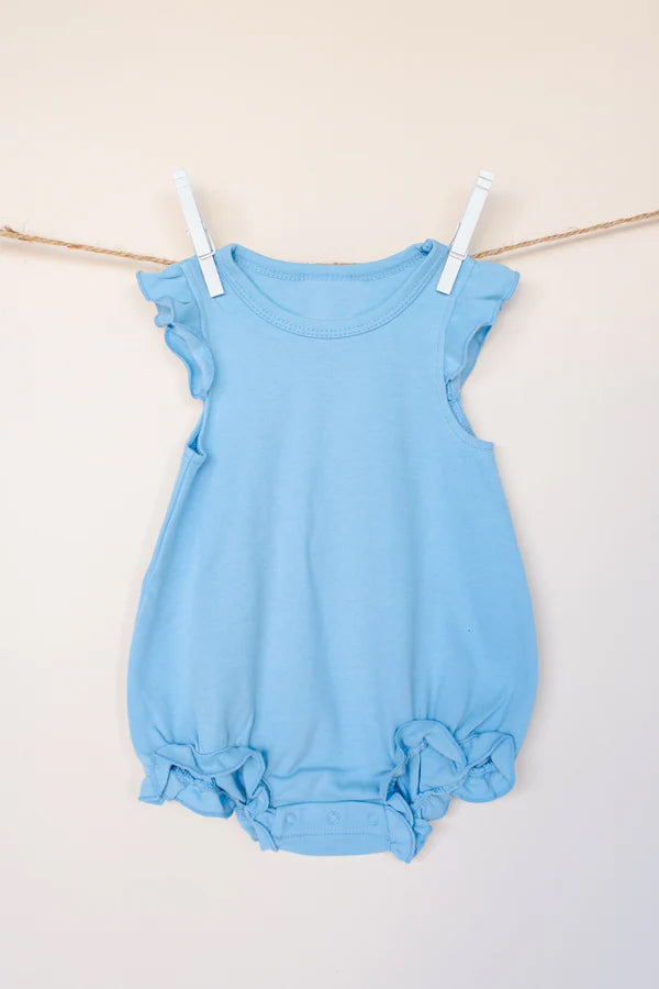 Preorder moq 5 Baby Infant Girls Blue Flutter Sleeves Ruffle Rompers