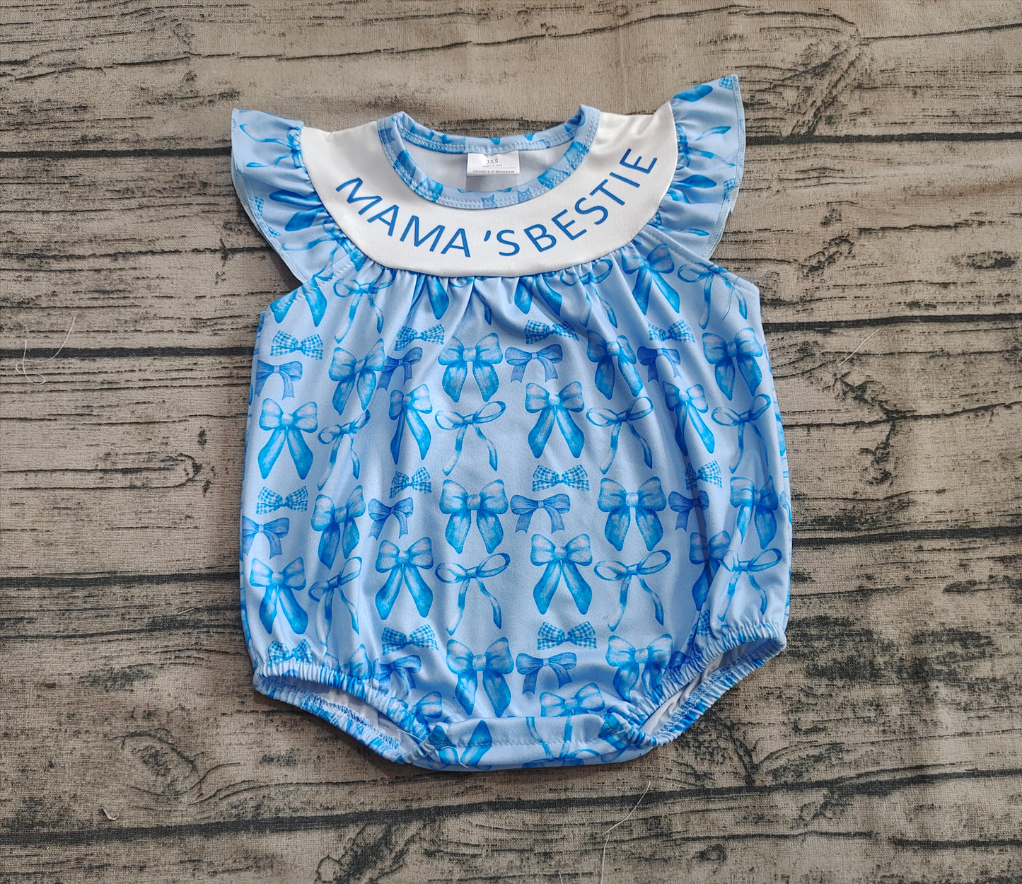 Baby Girls Blue Mama's Bestie Bows Ruffle Rompers