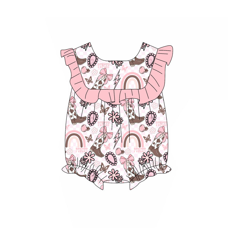 Baby Girls Pink Sleeveless Boot Rainbows Ruffle Rompers Preorder