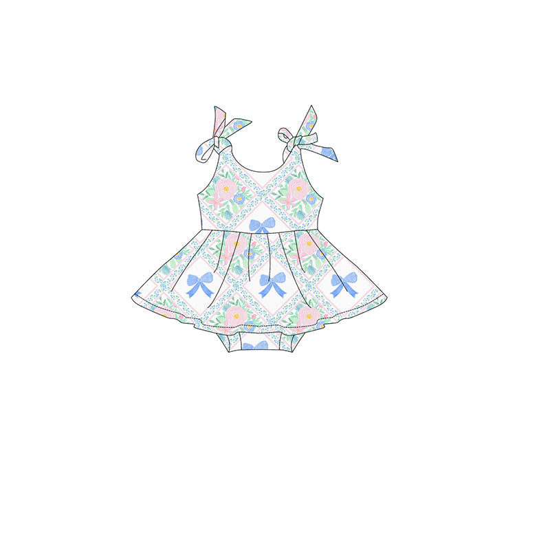 Baby Girls Strap Floral Blue Bows Skort Ruffle Rompers Preorder