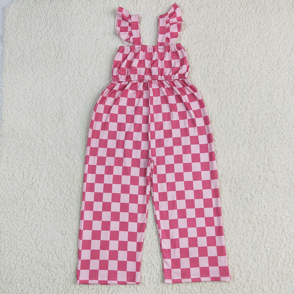 Baby Girls Flutter Sleeves Pink Plaid Bell Jumpsuits