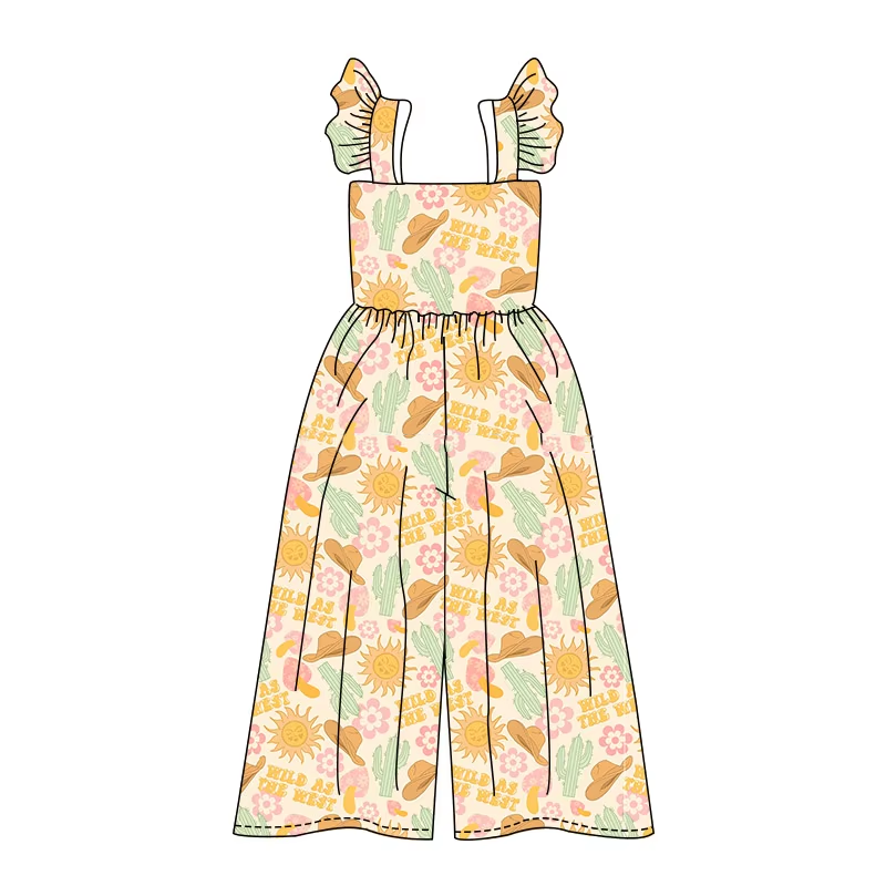 Baby Girls Flutter Sleeves Yellow Cactus Hats Western Bell Jumpsuits Preorder