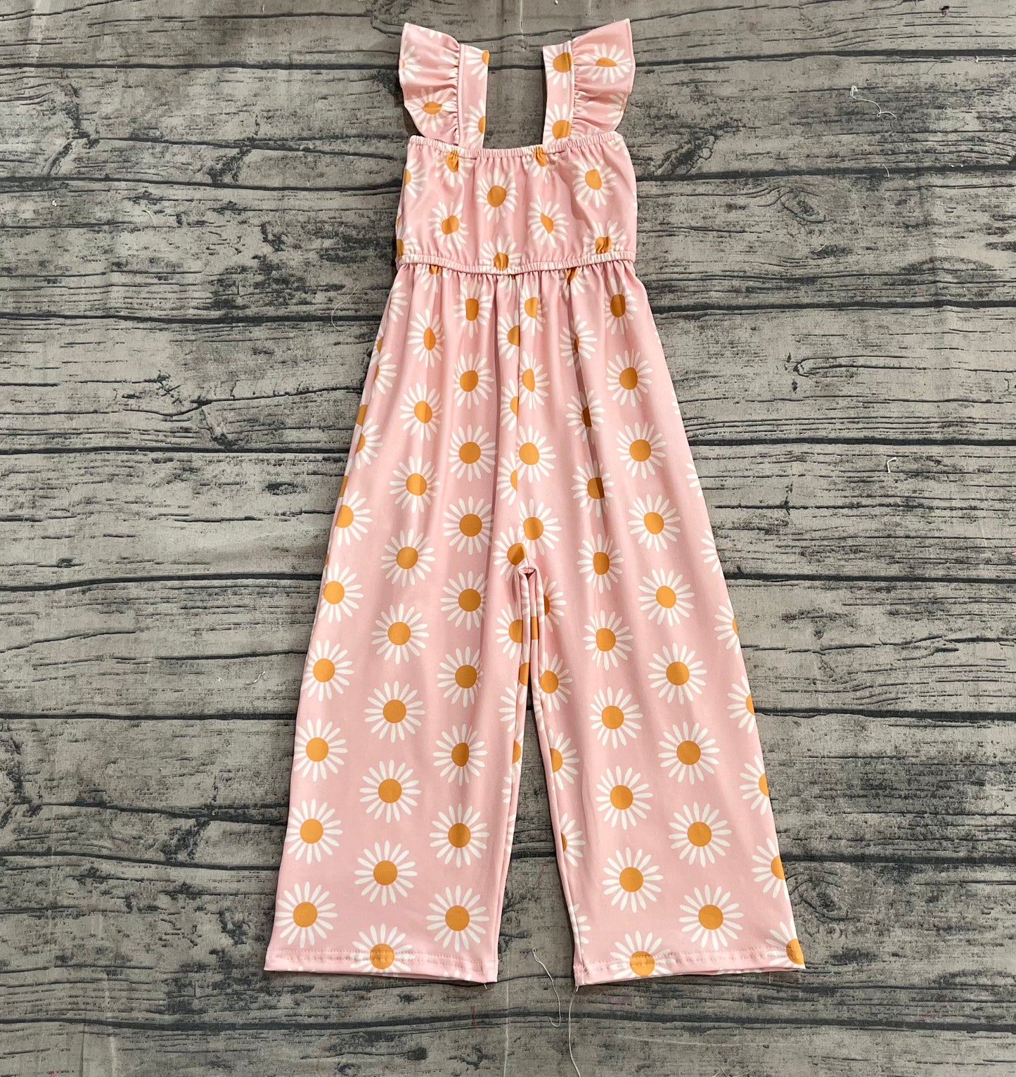 Baby Girls Flutter Sleeves Peach Daisy Flowers Bell Jumpsuits