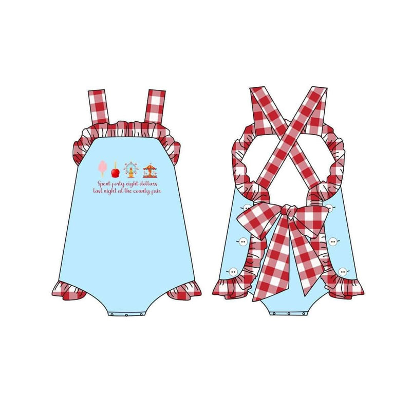 Preorder moq 5 Baby Girls Red Plaid Strap Park Backless Bow Ruffle Rompers