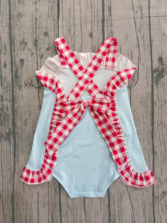 Preorder moq 5 Baby Girls Red Plaid Strap Park Backless Bow Ruffle Rompers