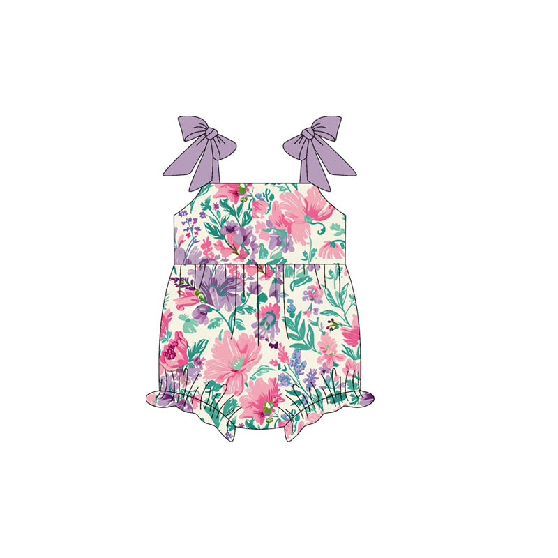 Baby Girls Lavender Bows Strap Floral Ruffle Rompers Preorder
