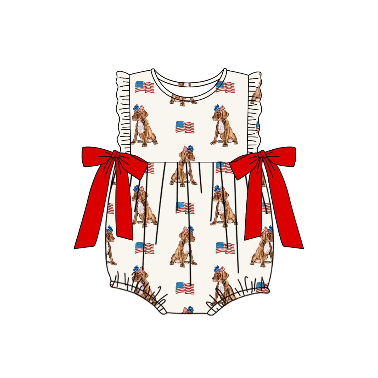 Baby Girls Sleeveless Flags Dogs 4th Of July Ruffle Rompers Preorder