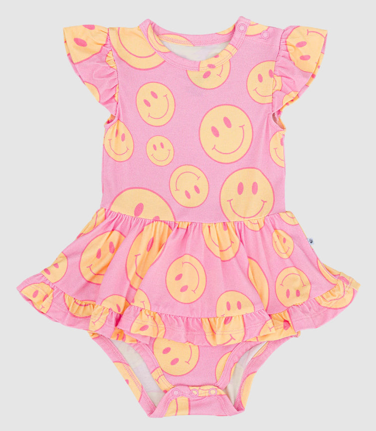 Baby Girls Pink Flutter Sleeves Smiles One Piece Ruffle Swimsuits Preorder