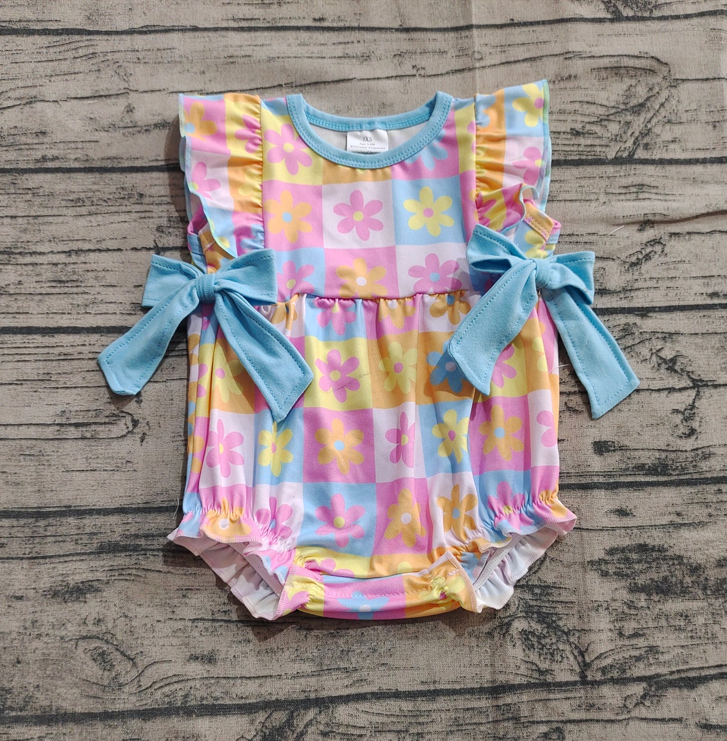 Baby Girls Flutter Sleeves Bows Flowers Plaid Ruffle Rompers