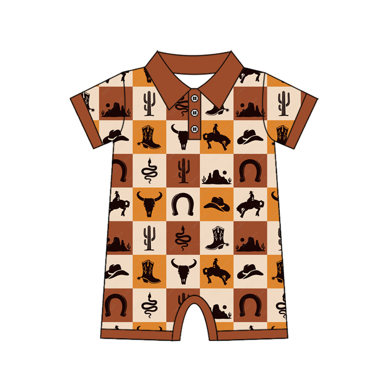 Baby Infant Boys Khaki Short Sleeves Bull Skull Button Rompers Preorder