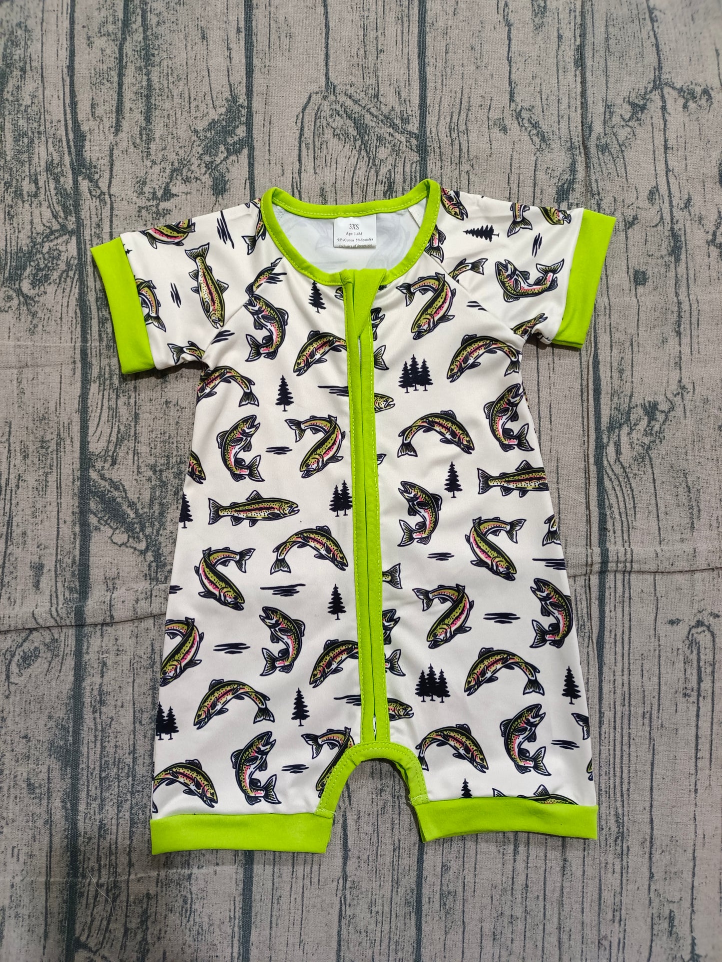 Baby Boys Green Short Sleeves Fishes Hunting Zipper Rompers