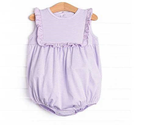 Preorder moq 5 Baby Infant Girls Sleeveless Lavender Stripe Ruffle Rompers