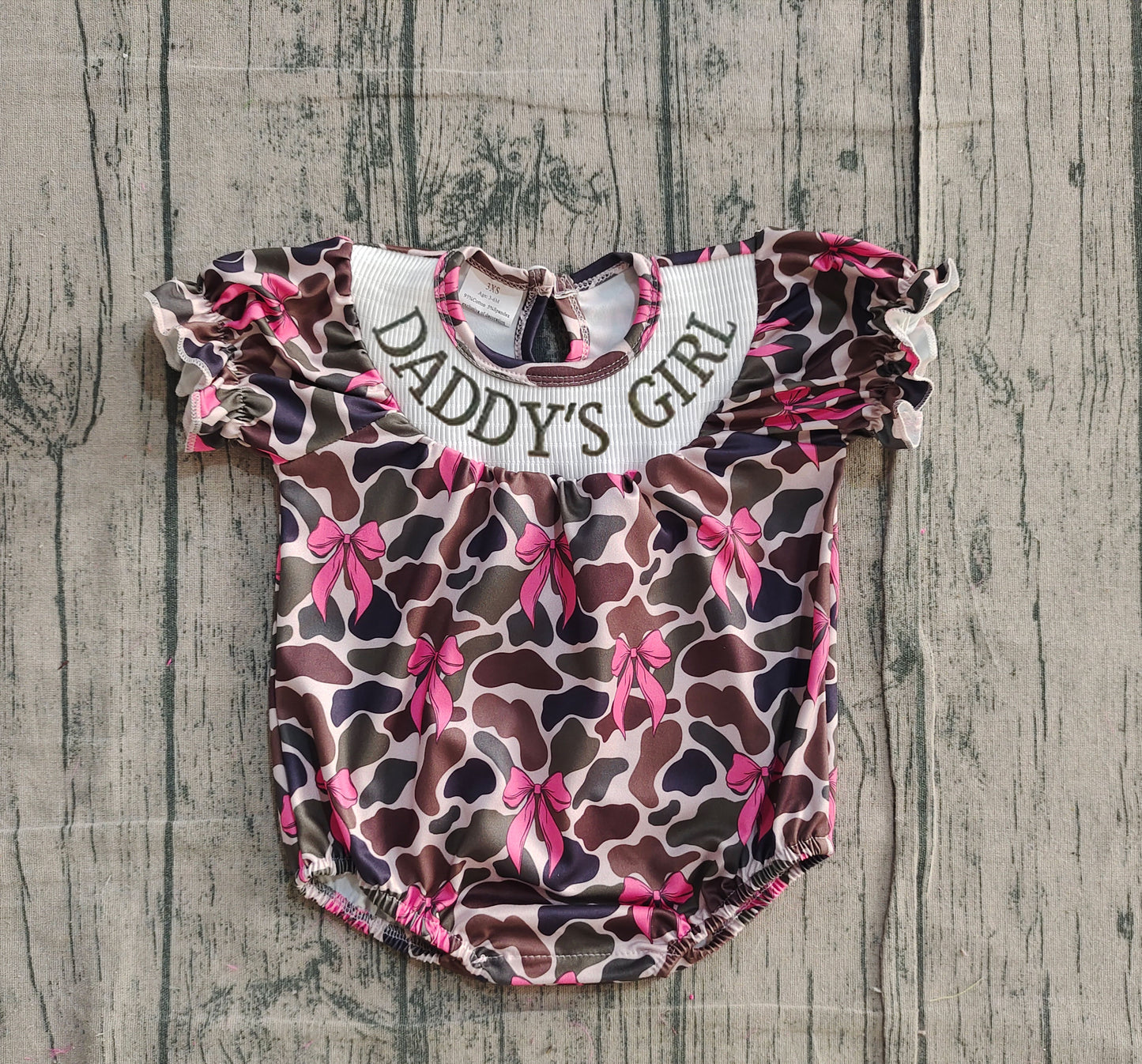 Smocked Daddy's Girl Short Ruffle Sleeves Brown Camo Bows Rompers Preorder