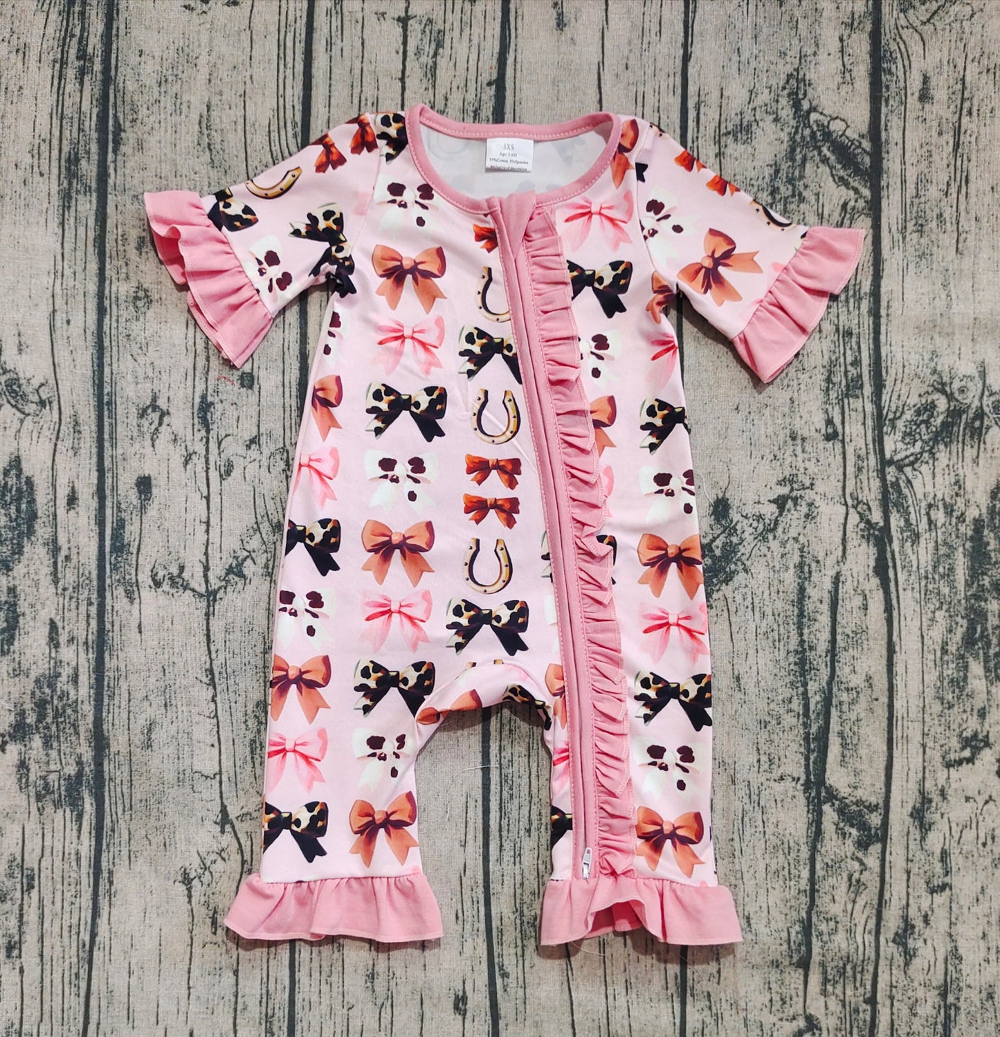 Baby Girls Pink Western Bows Horse Shoes Zipper Rompers