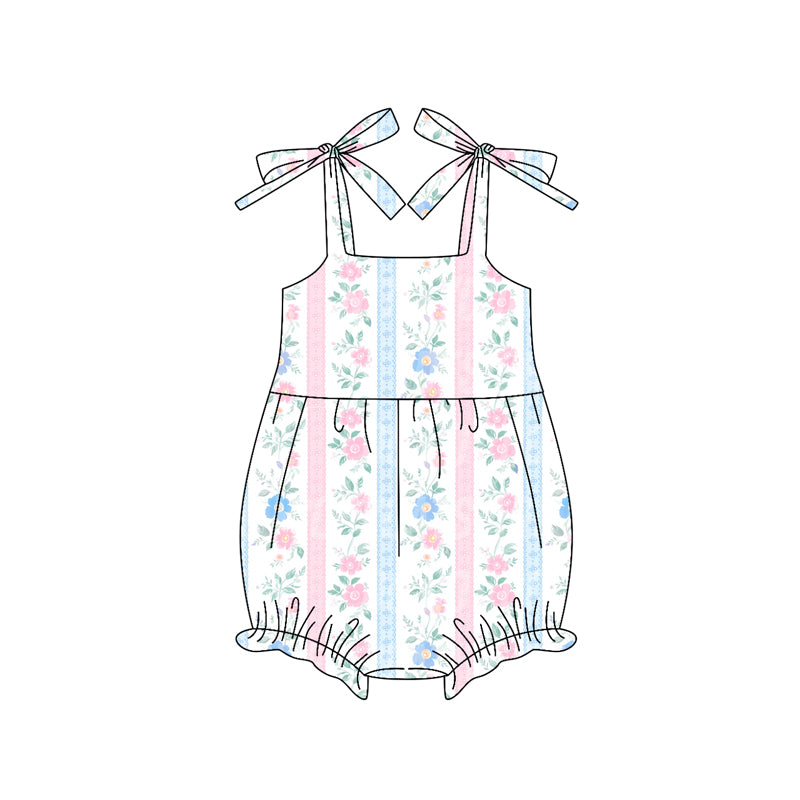 Preorder moq 5 Baby Girls Pink Strap Flowers Stripe Ruffle Rompers