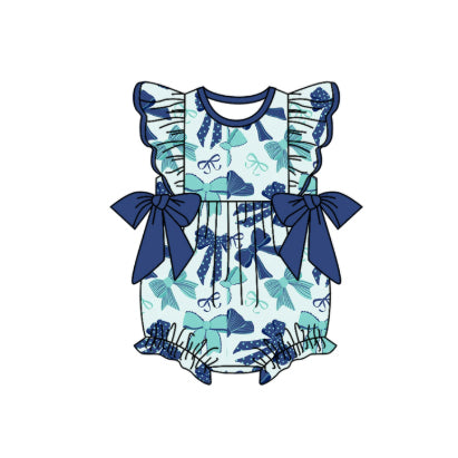 Baby Girls Hot Blue Flutter Sleeves Bows Plaid Ruffle Rompers