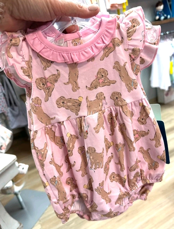 Preorder moq 5 Baby Girls Pink Flutter Sleeves Dogs Plaid Ruffle Rompers