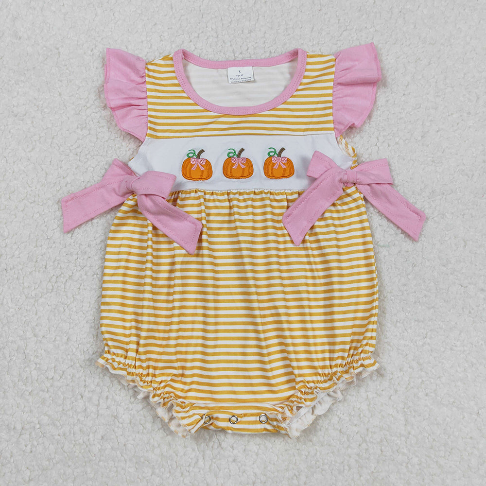 Embroidery Pumpkins Baby Girls Stripe Fall Ruffle Rompers