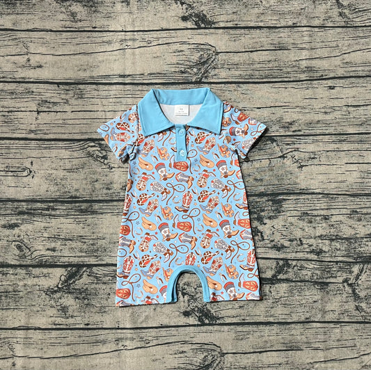 Baby Kids Blue Short Sleeves Western Boots Hats Button Rompers