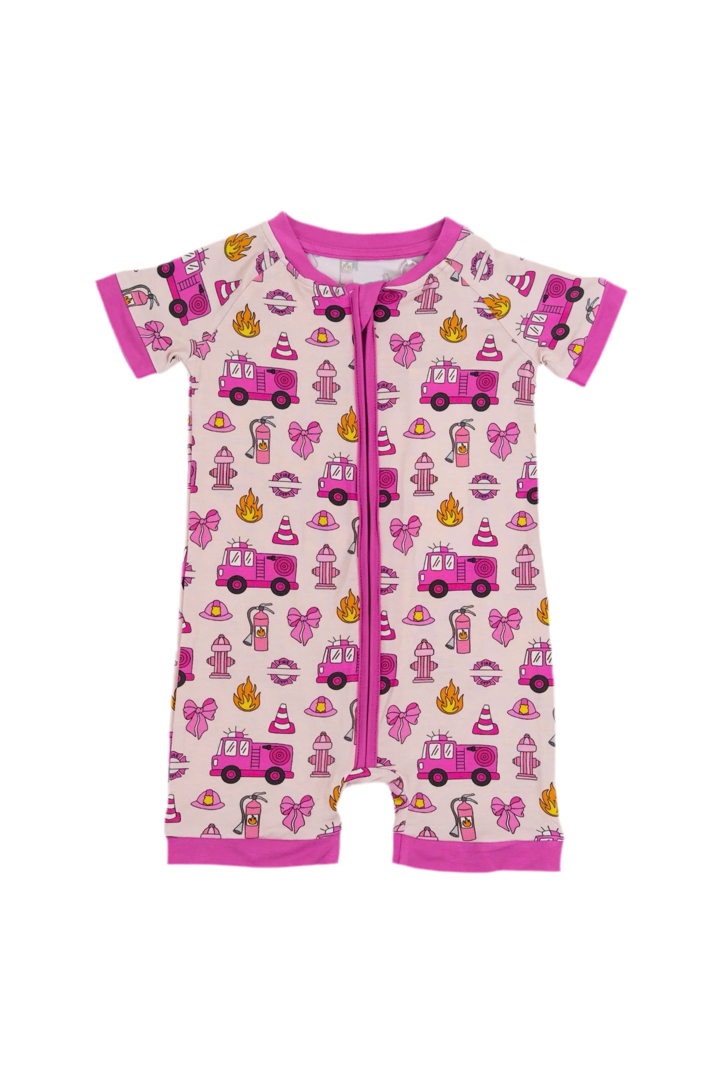 Baby Girls Short Sleeves Hot Pink Firetrucks Zipper Rompers Preorder