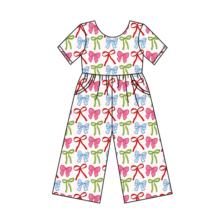 Baby Girls Short Sleeves Pink Blue Green Bows Plaid Pockets Pant Jumpsuits Preorder