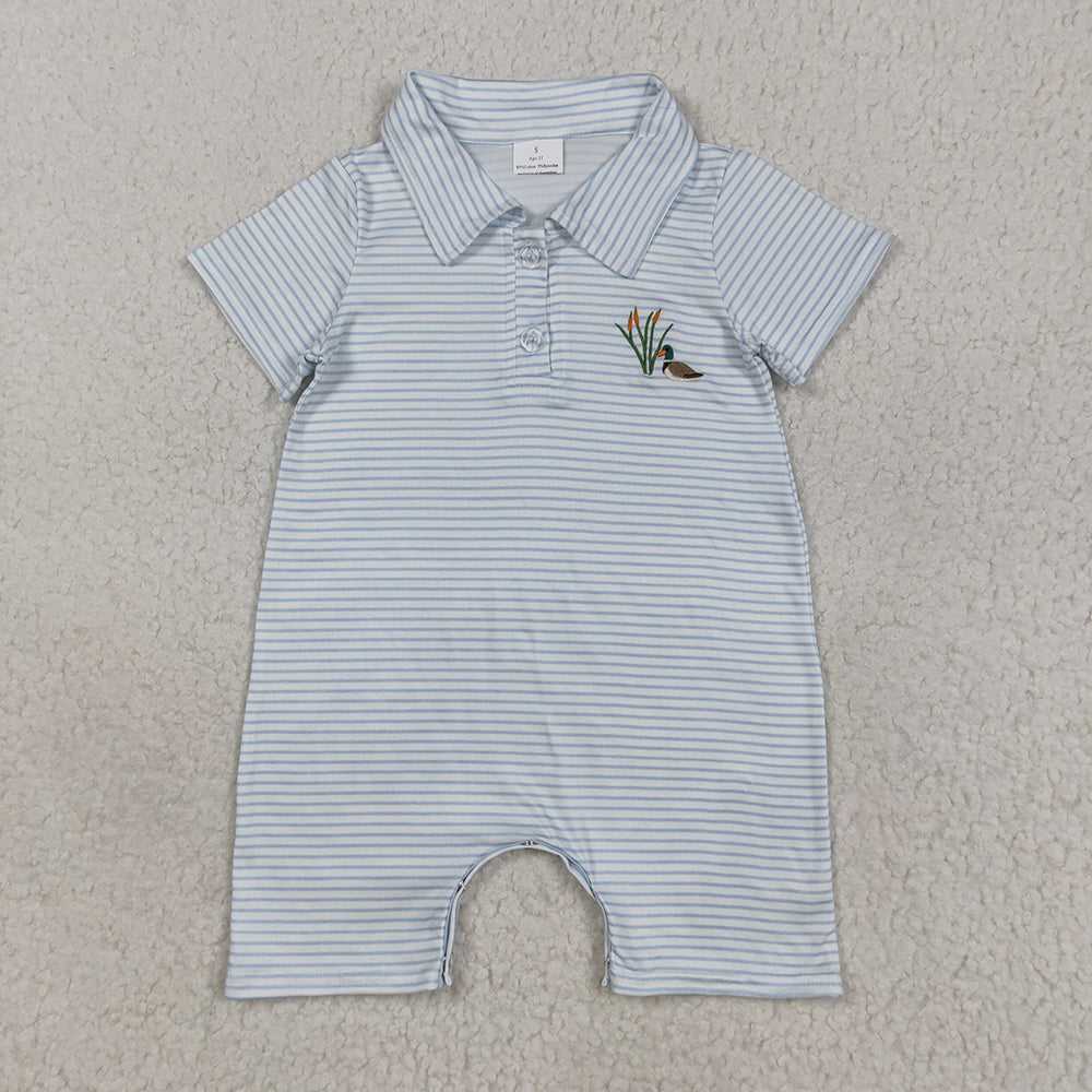 Embroidery Baby Boys Blue Stripe Short Sleeves Duck Button Shorts Rompers