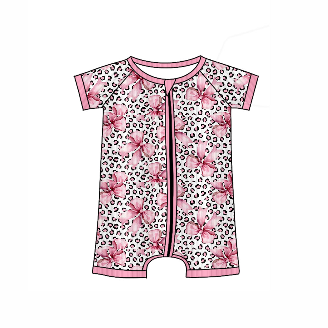 Baby Girls Short Sleeves Pink Leopard Bows Zipper Rompers Preorder