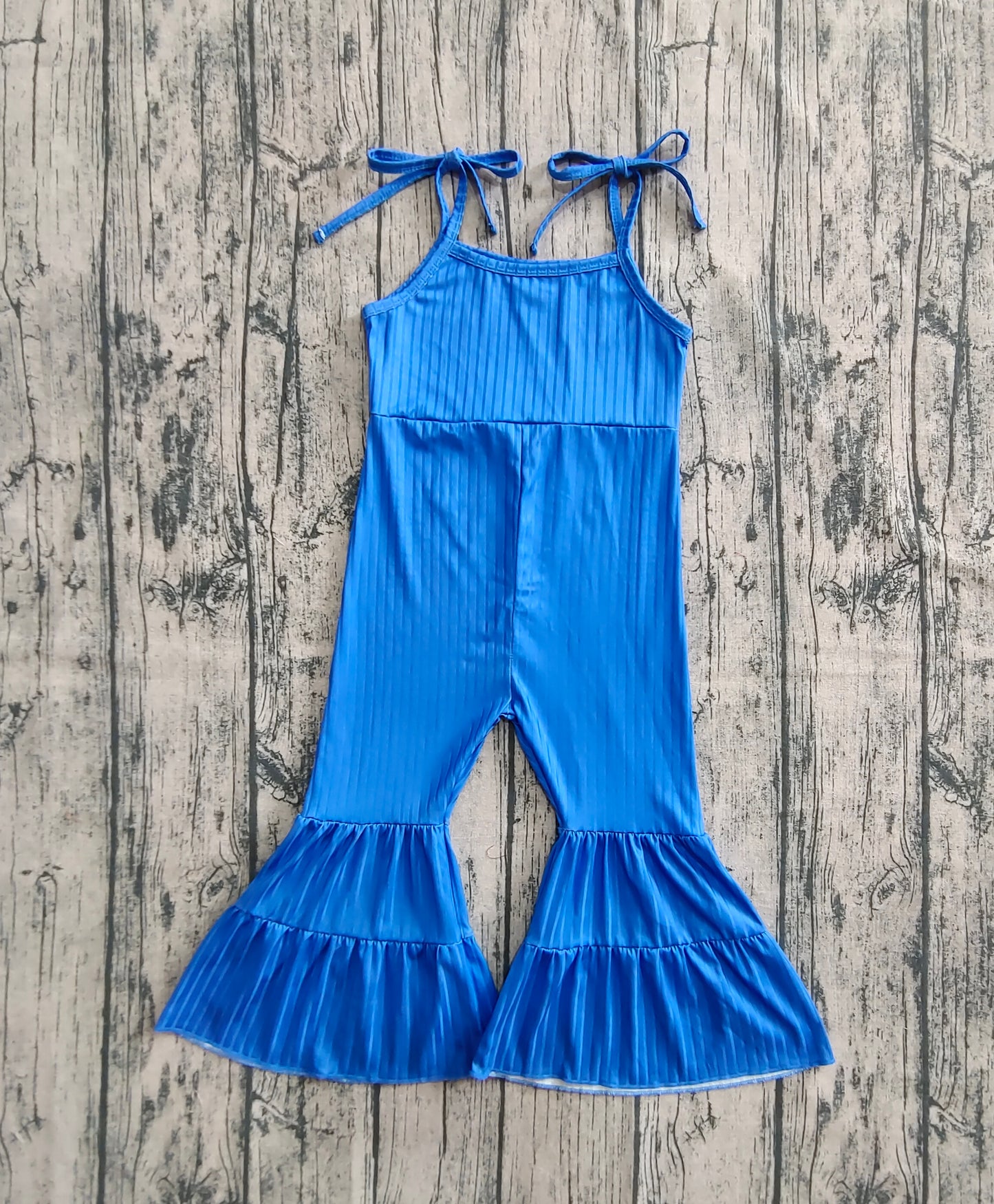 Baby Girls Royal Blue Strap Bell Bottom Ribbed Jumpsuits