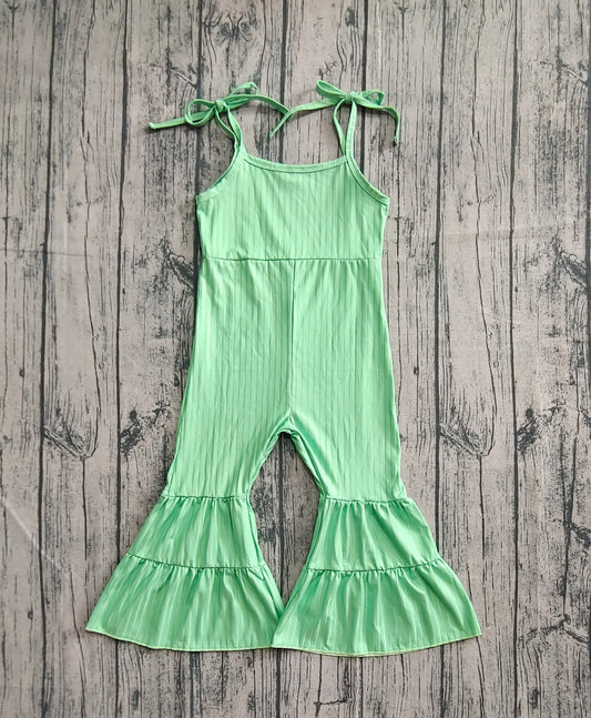 Baby Girls Green Strap Bell Bottom Ribbed Jumpsuits