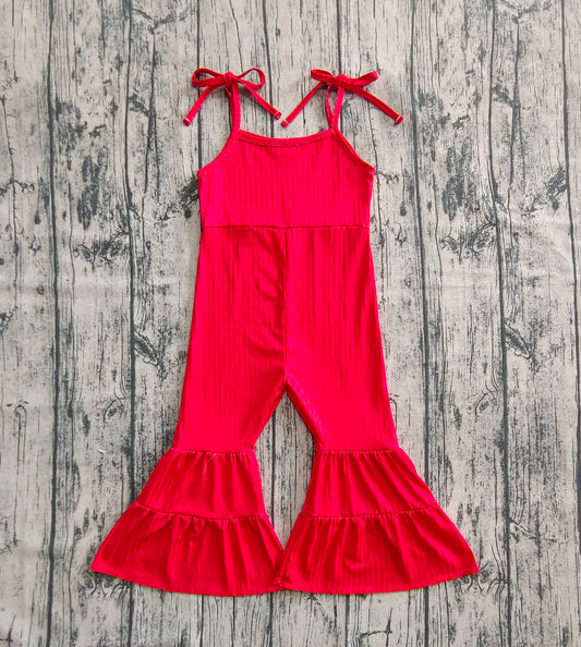 Baby Girls Red Strap Bell Bottom Ribbed Jumpsuits