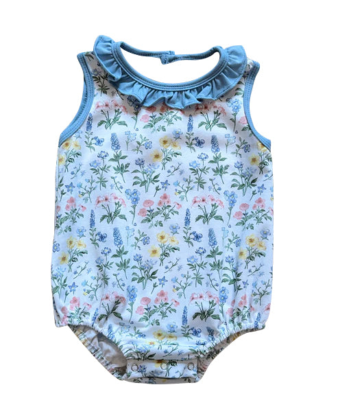 Baby Girls Sky Blue Sleeveless Floral Plaid Ruffle Rompers Preorder