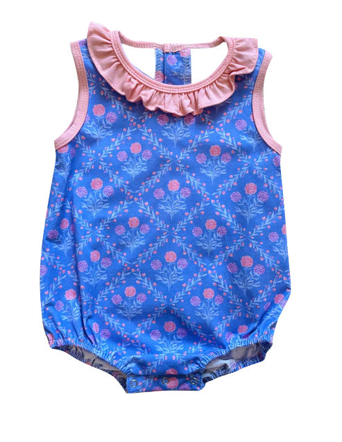 Baby Girls Sleeveless Hot Blue Floral Plaid Ruffle Rompers Preorder