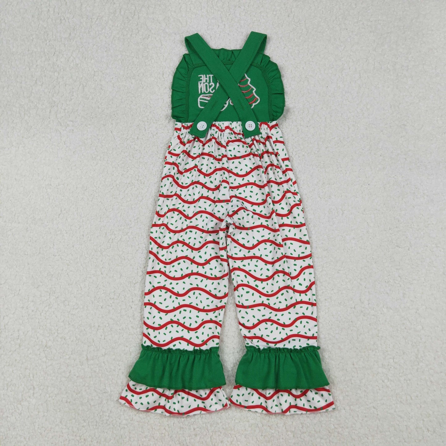 Embroidery Baby Girls Green Strap Red Stripe Trees Ruffle Pant Jumpsuits