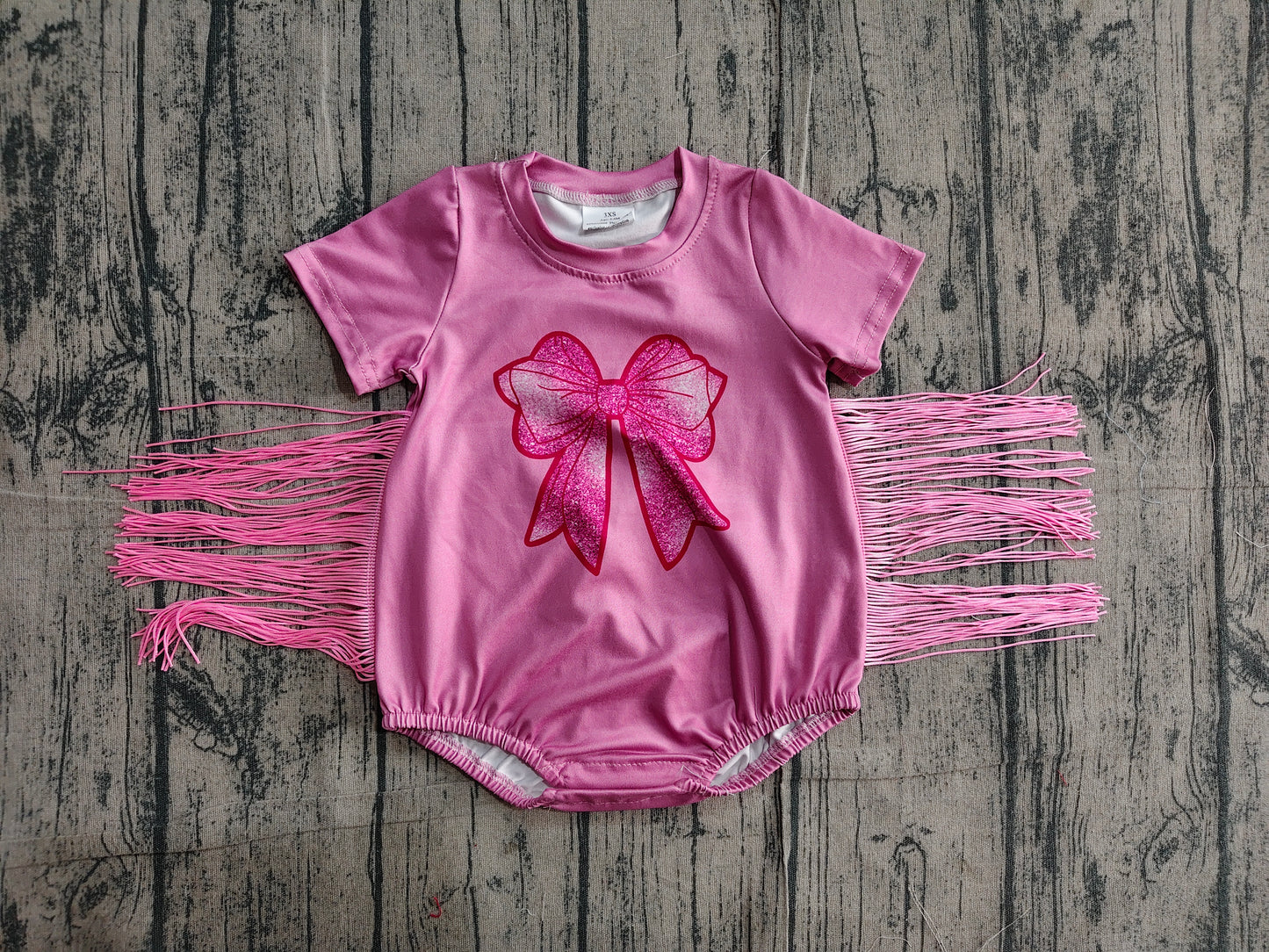 Baby Girls Pink Short Sleeves Bow Print Tassel Ruffle Rompers