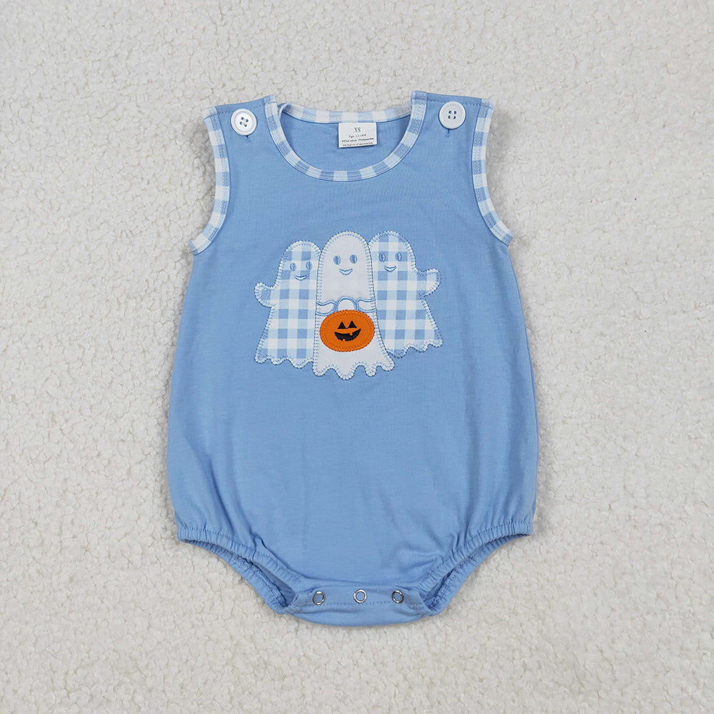Embroidery Baby Boys Blue Ghost Pumpkins Halloween Rompers