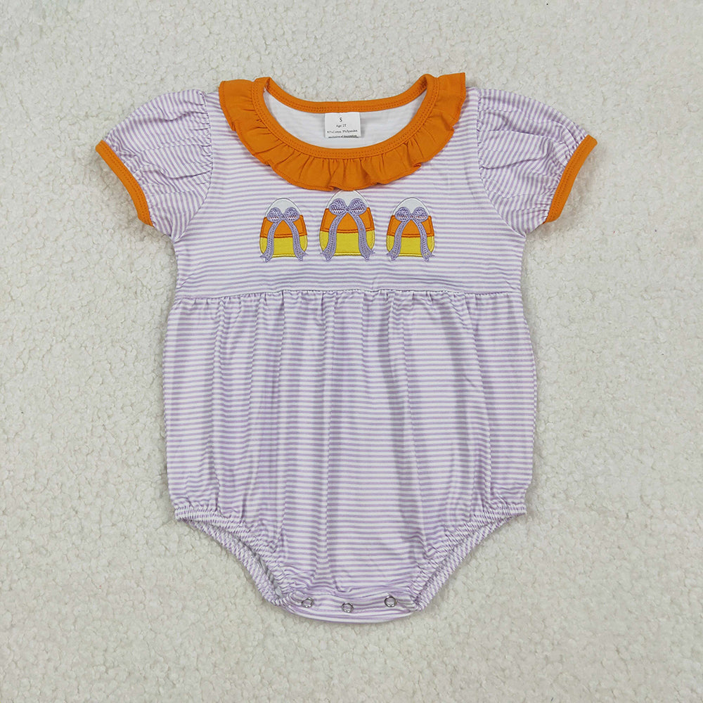 Embroidery Baby Girls Lavender Stripe Bows Candy Halloween Rompers