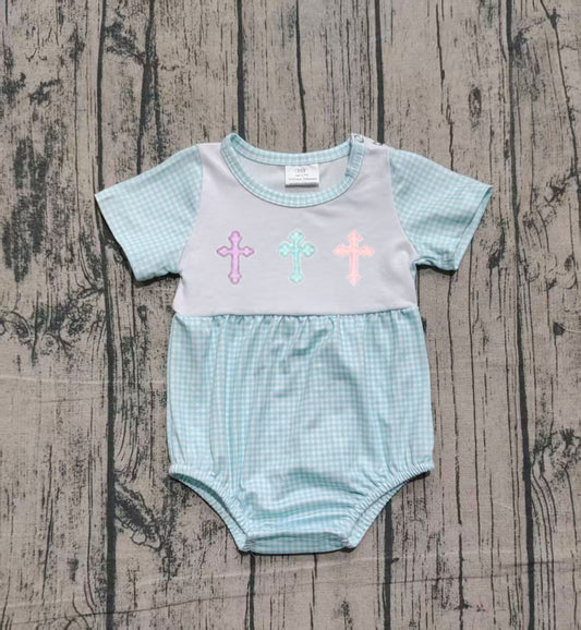 Embroidery Crosses Baby Boys Blue Checked Short Sleeve Easter Rompers