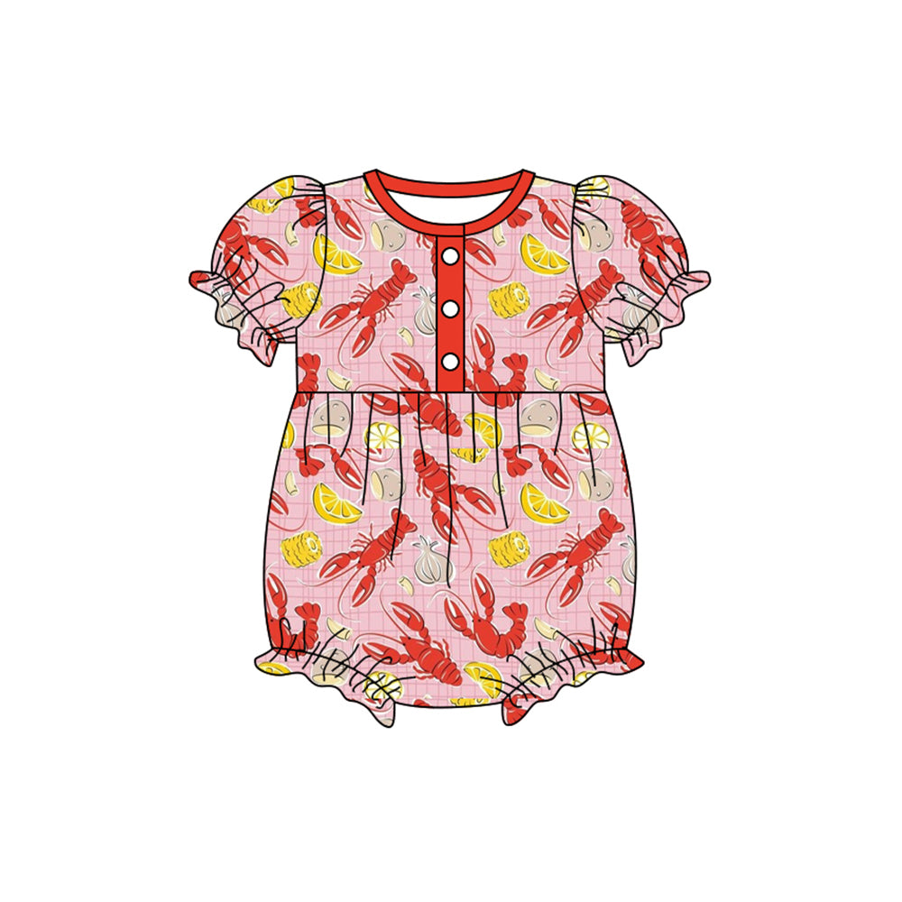 Baby Girls Short Sleeve Button Crayfishes Mardigras Ruffle Rompers Preorder