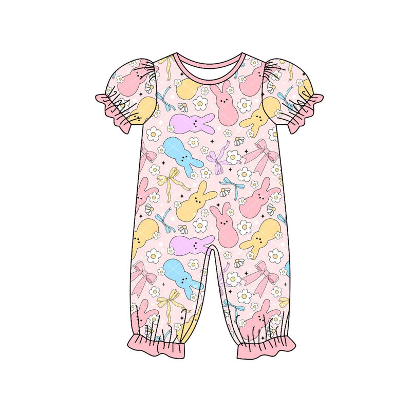 Baby Girls Colorful Flowers Rabbits Easter Ruffle Footie Rompers Preorder