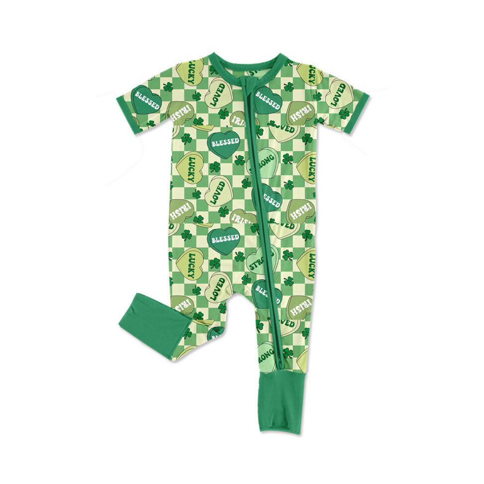 Baby Girls Green Checked Clovers Hearts St Patrick Zipper Rompers Preorder
