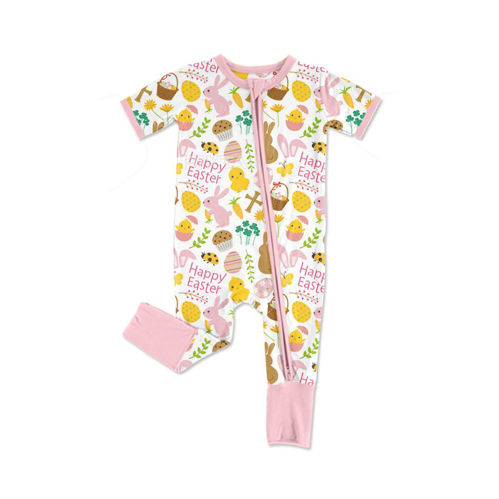 Baby Girls Flowers Rabbits Eggs Happy Easter Zipper Rompers Preorder