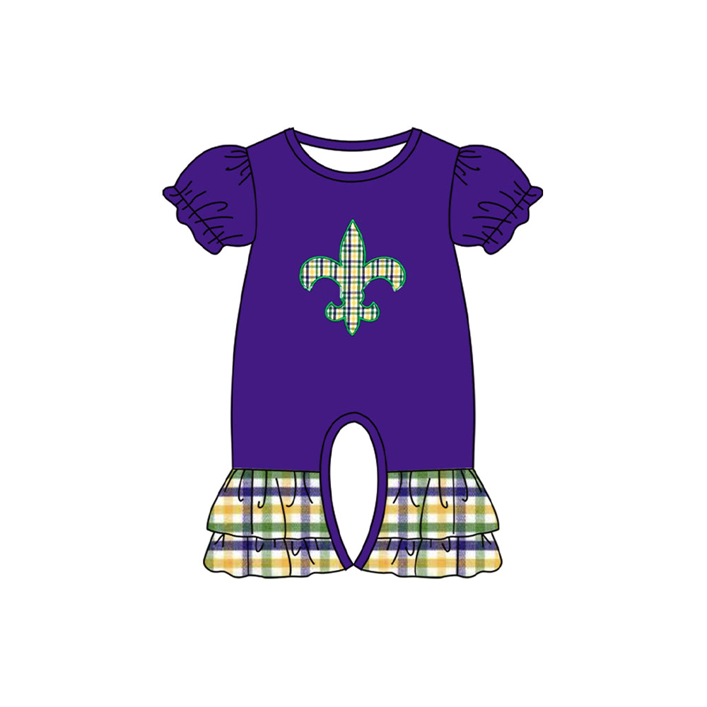 Baby Girls Purple Checked Anchor Mardigras Ruffle Rompers Preorder