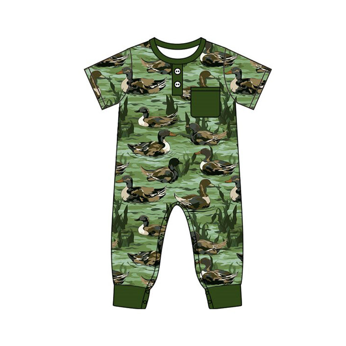 Baby Boys Dark Green Button Pocket Ducks Rompers Preorder