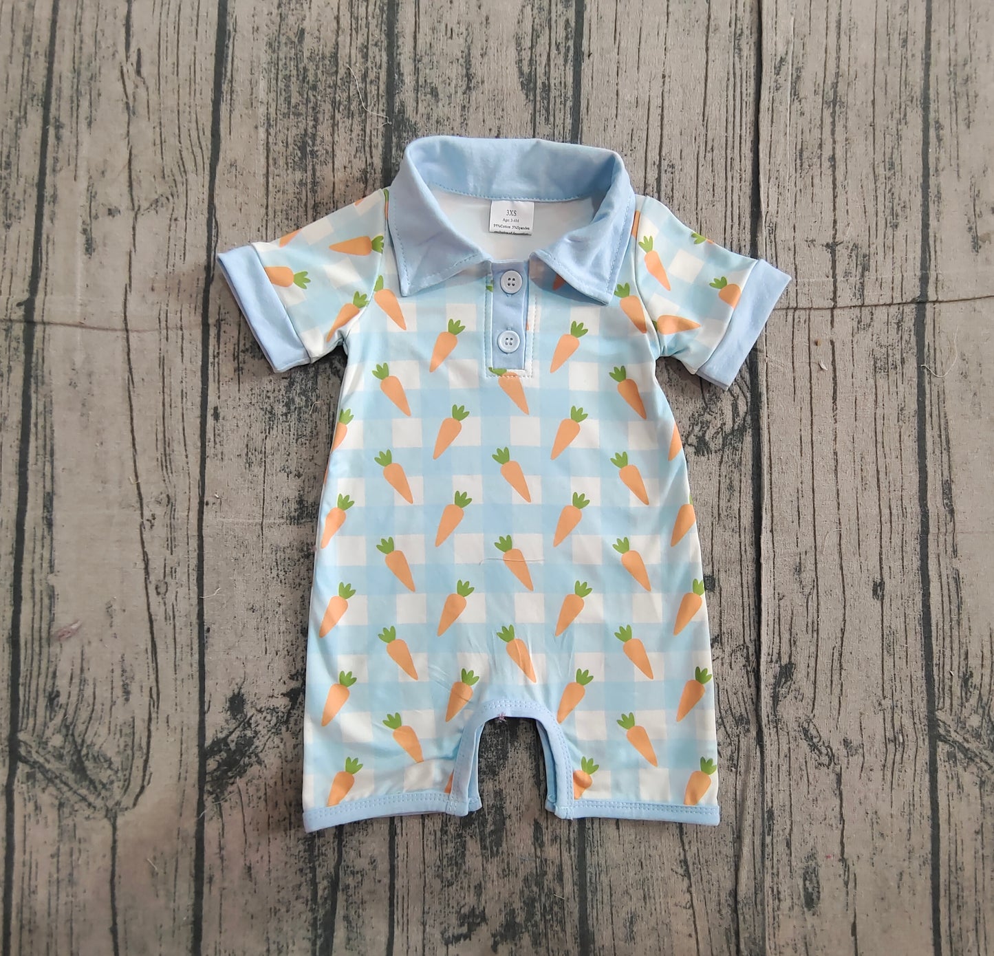 Baby Boys Blue Checked Carrots Easter Button Shorts Rompers