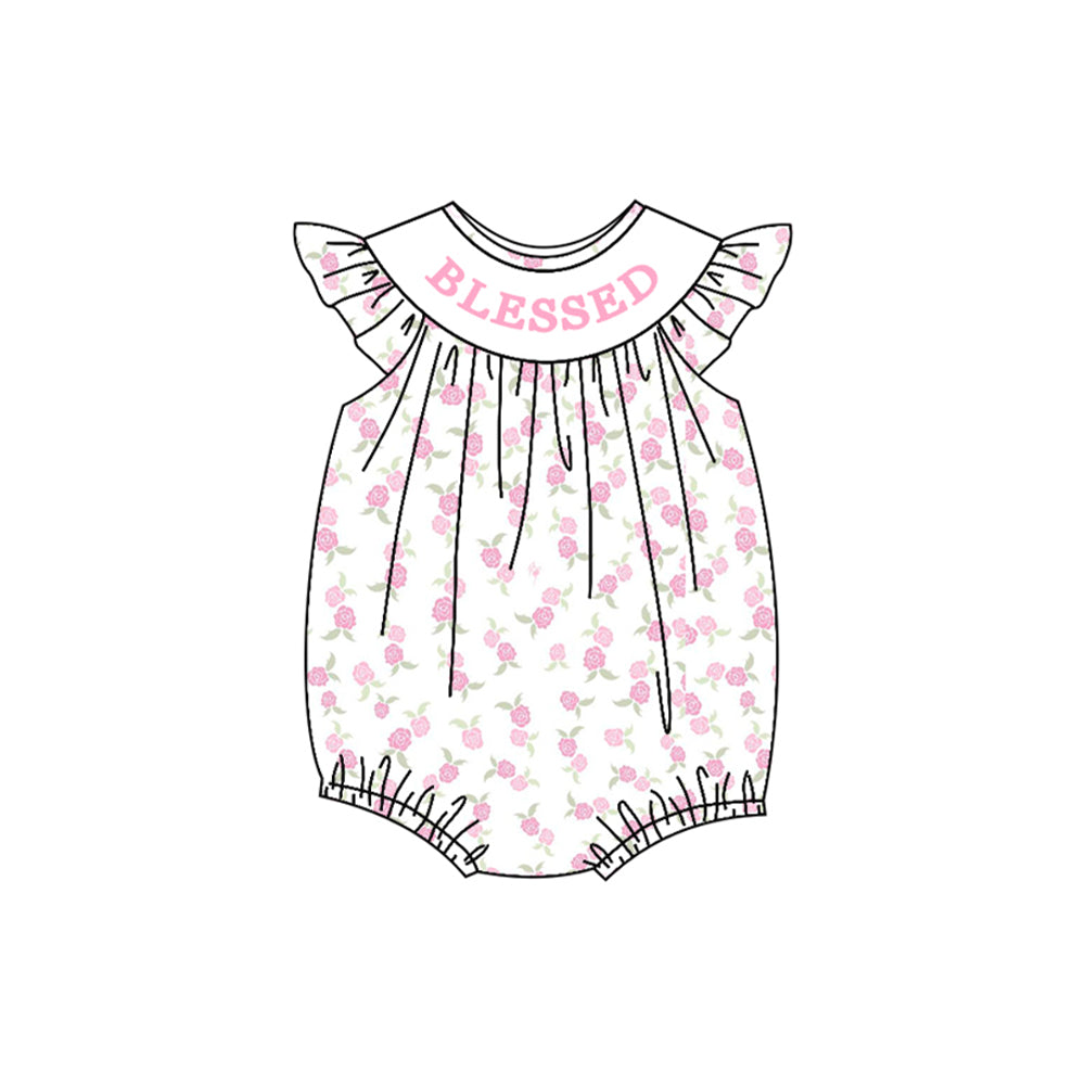 Baby Girls Pink Blessed Flowers Plaid Ruffle Rompers Preorder