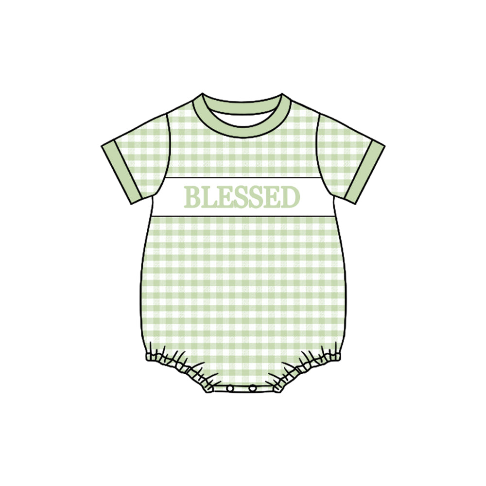 Baby Boys Green Checked Blessed Rompers Preorder
