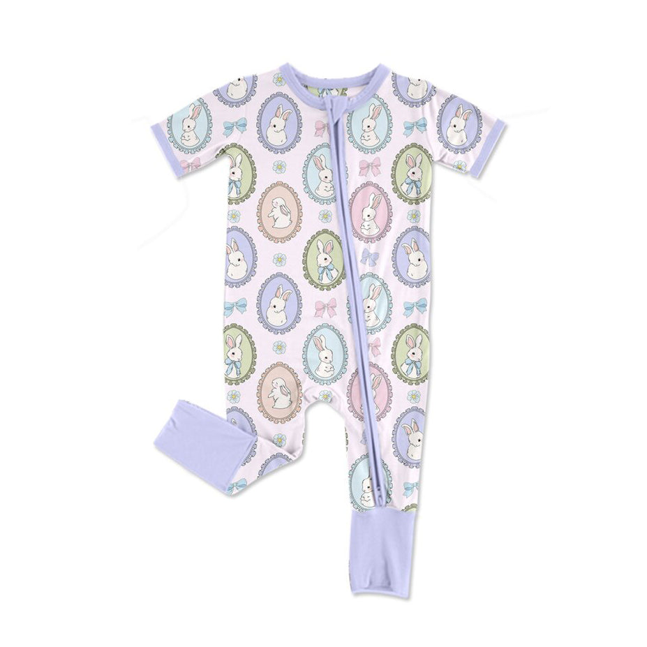 Baby Girls Bows Rabbits Easter Flowers Checked Zipper Footie Rompers Preorder